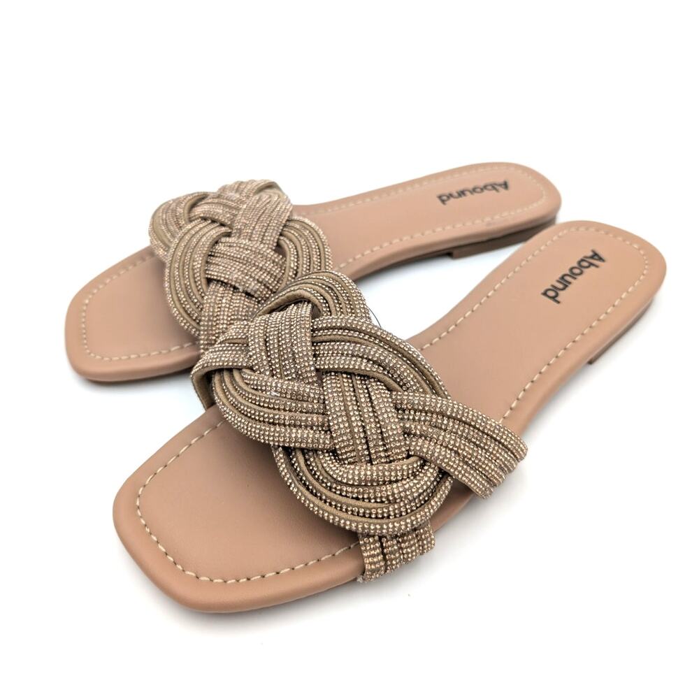 Abound Imani Flat Sandals Rhinestone Slip-On Women's Tan Mocha Size US7.5